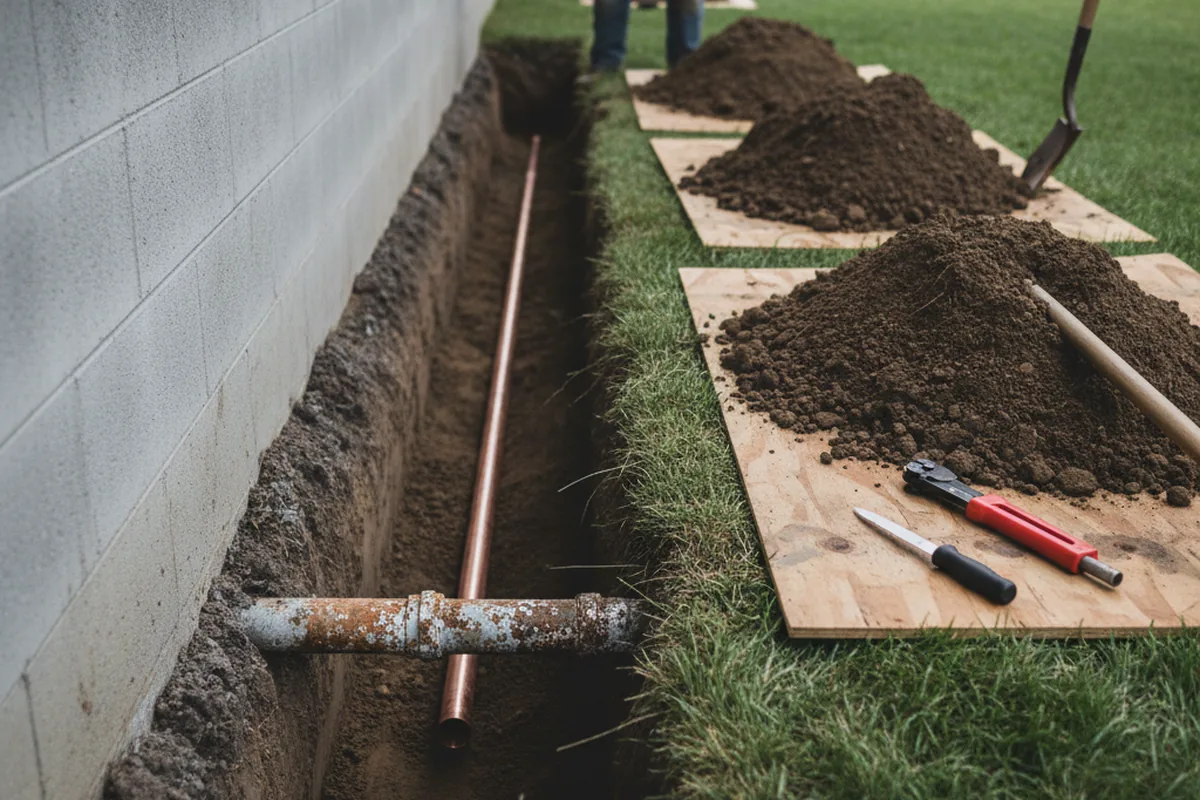 Excavated water line trench during Water Softener Installation in Goochland
